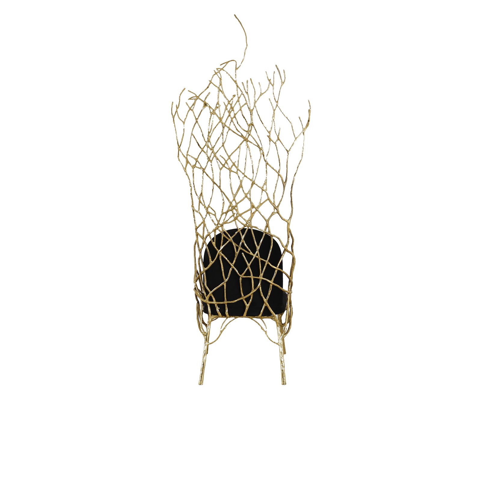 Abstract brass chair with twig-inspired frame and fine fabric upholstered seat