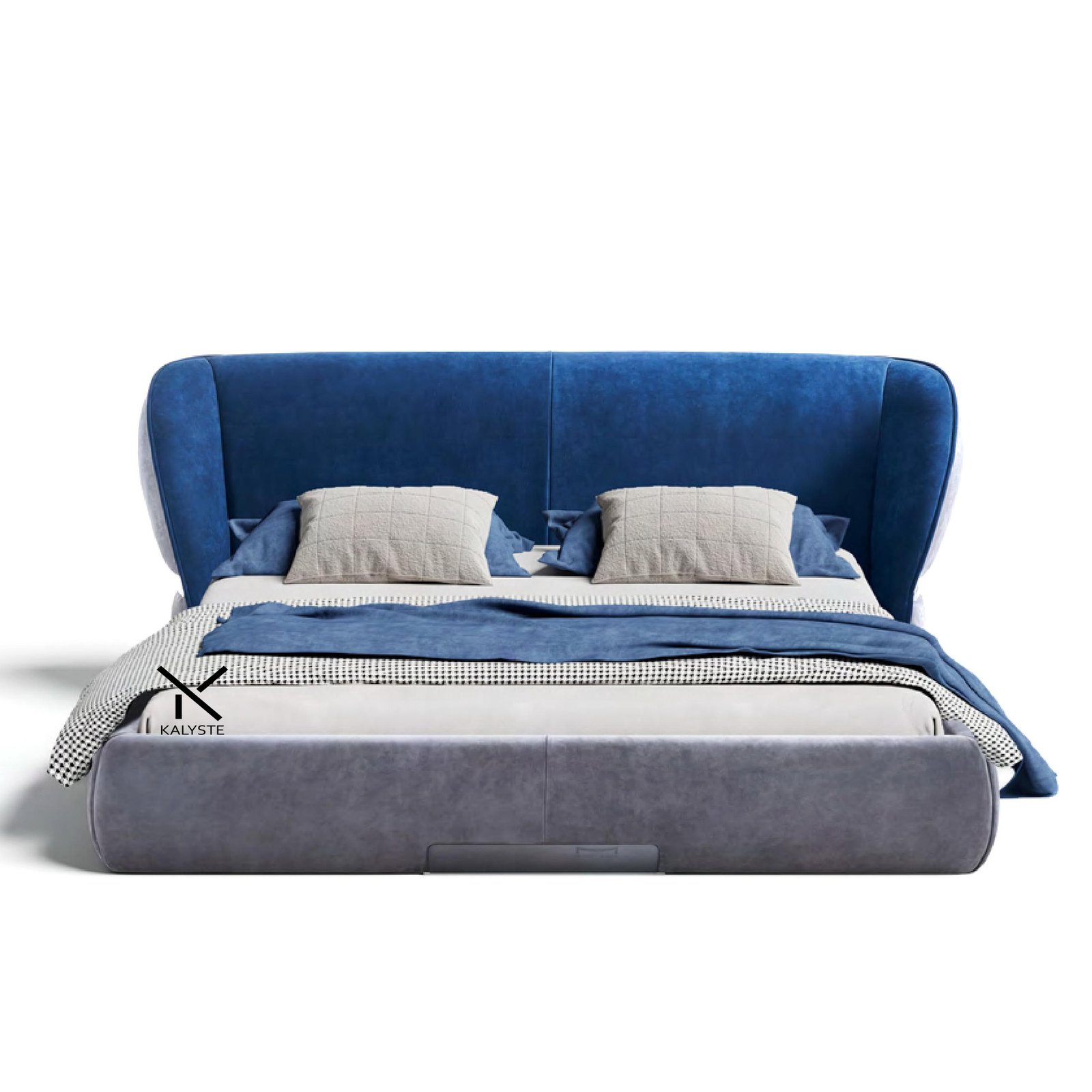 Minimalist Italian style bed with wraparound headboard and misty blue velvet upholstery with metal inlay accents
