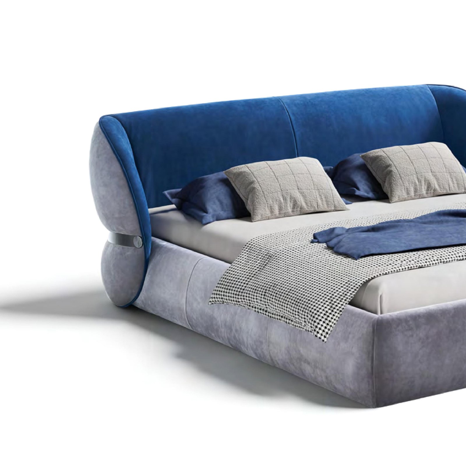 Minimalist Italian style bed with wraparound headboard and misty blue velvet upholstery with metal inlay accents