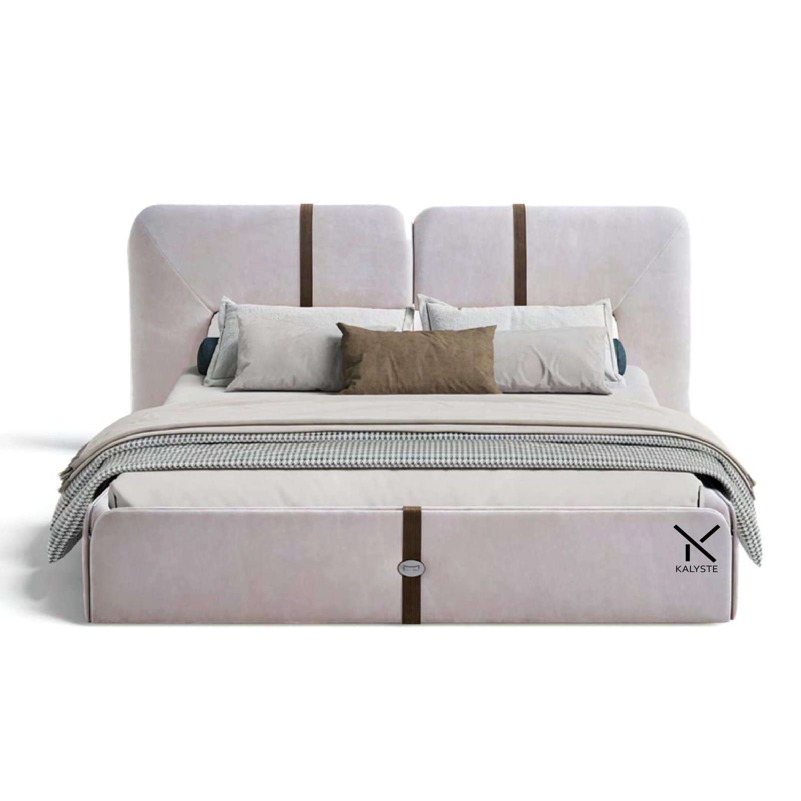Minimalist Italian style bed with beige matte leather upholstery and smooth flowing lines