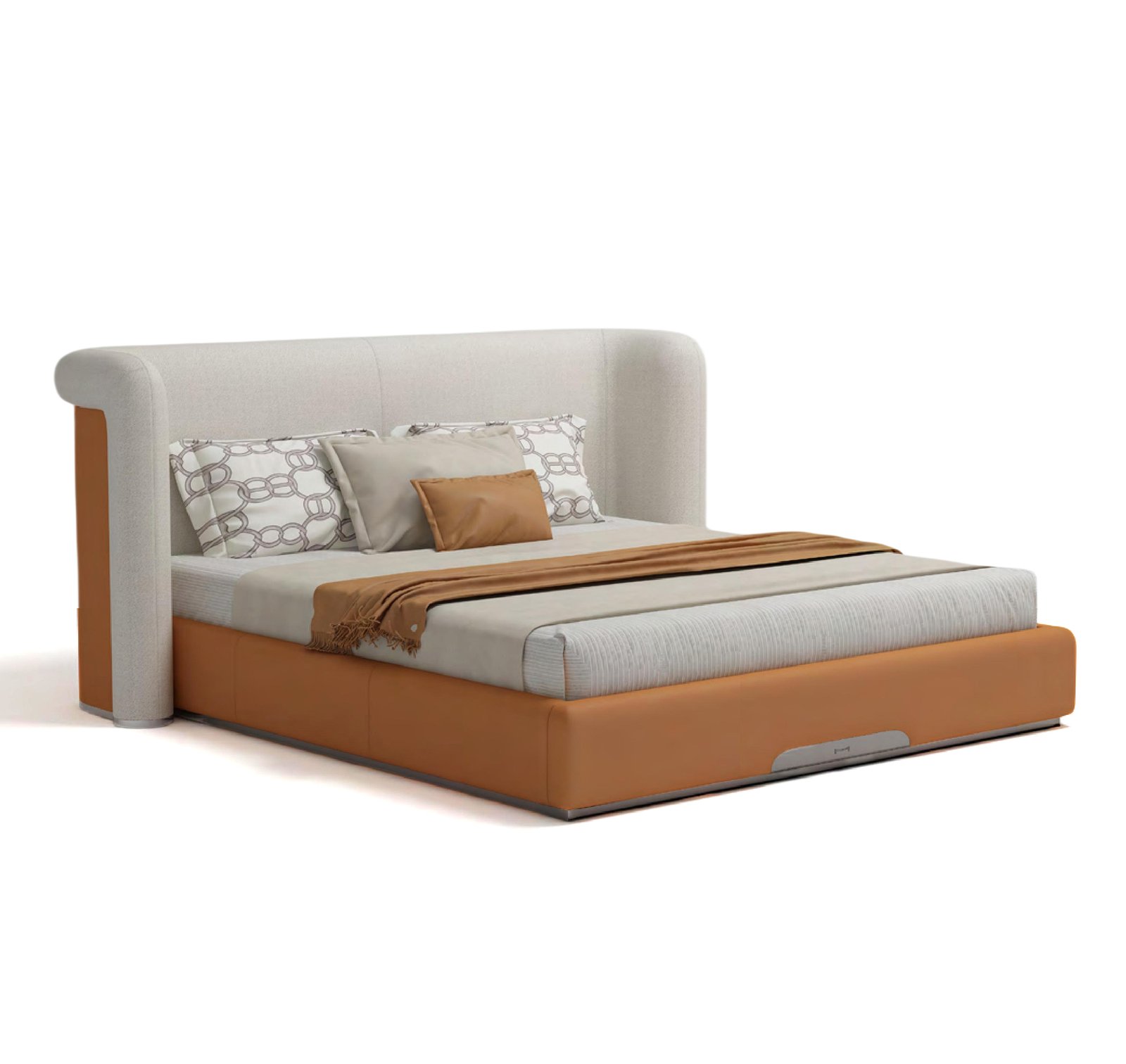 Italian style bed with curved white fabric headboard and orange matte leather upholstered frame