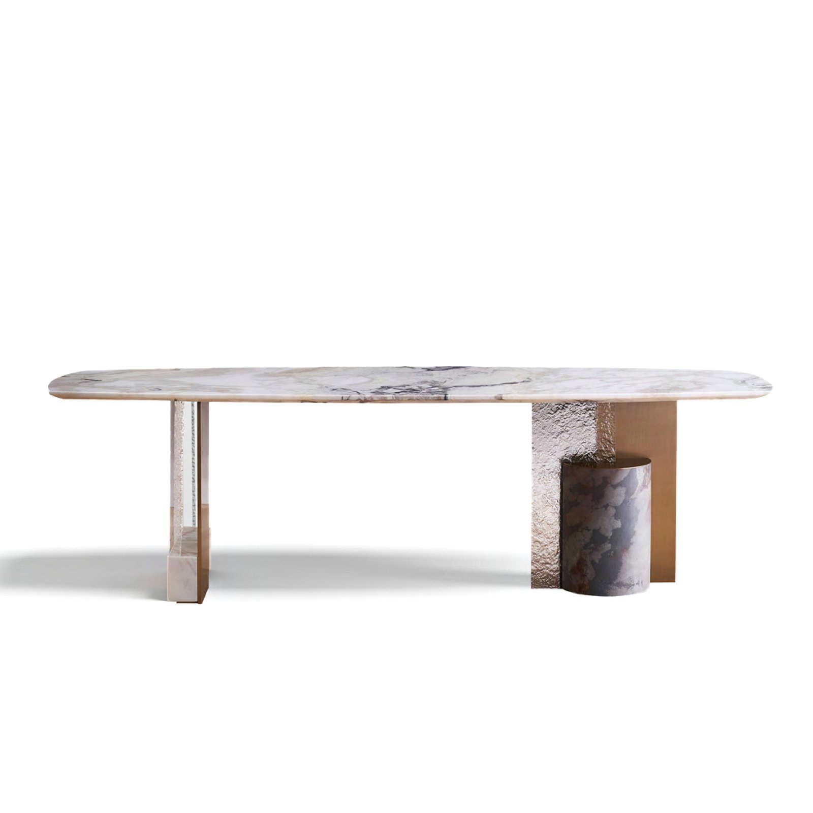Luxury dining table with copper-plated stainless steel, natural stone base, and rippled glass panels in modern style