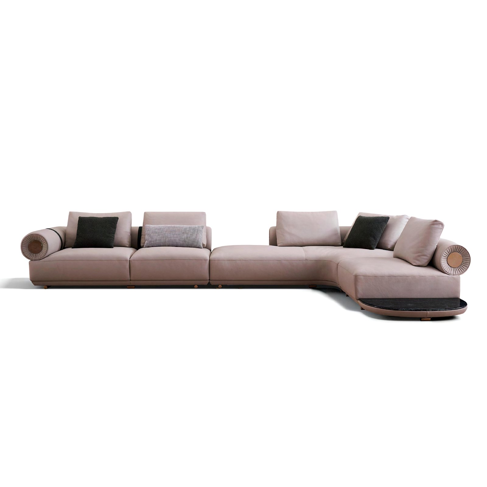Modern luxury fusion sofa in black leather and grey velvet-linen with half-moon design