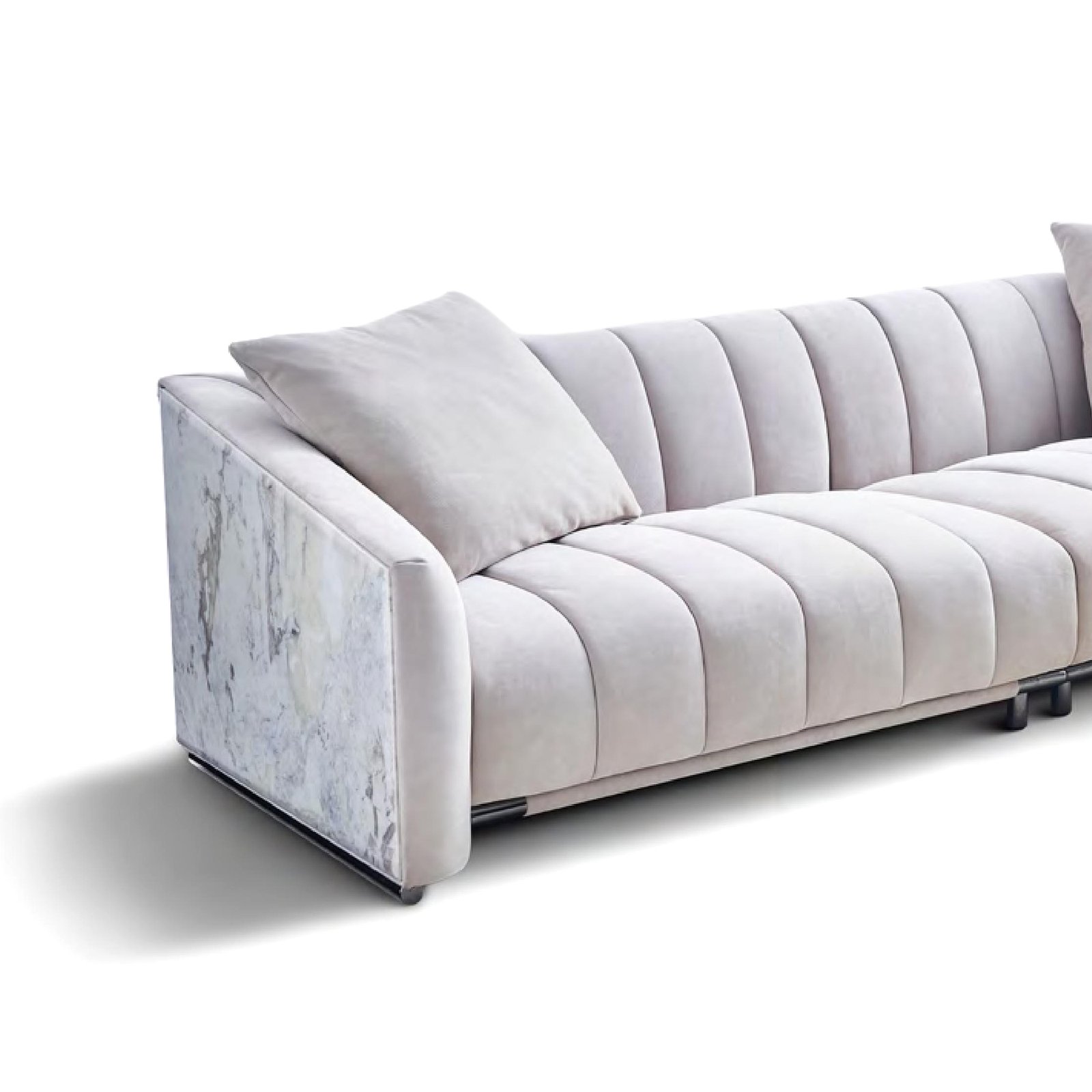 side view Beige frosted leather sofa with piano-key design