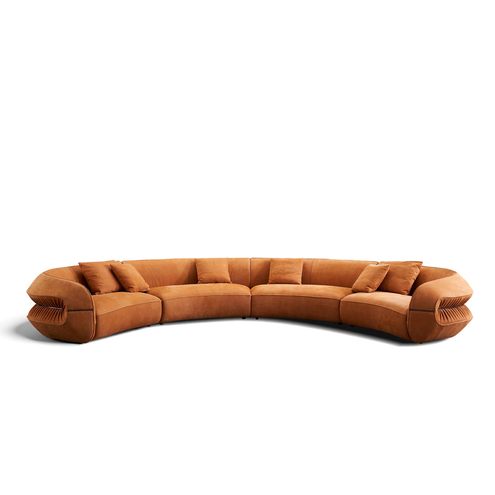 Modern matte leather sofa in brown color with sculptural dynamic design