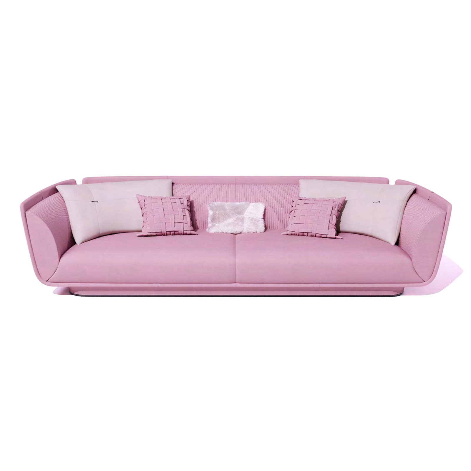 Pink loveseat sofa with pleated back and white cushions in modern setting