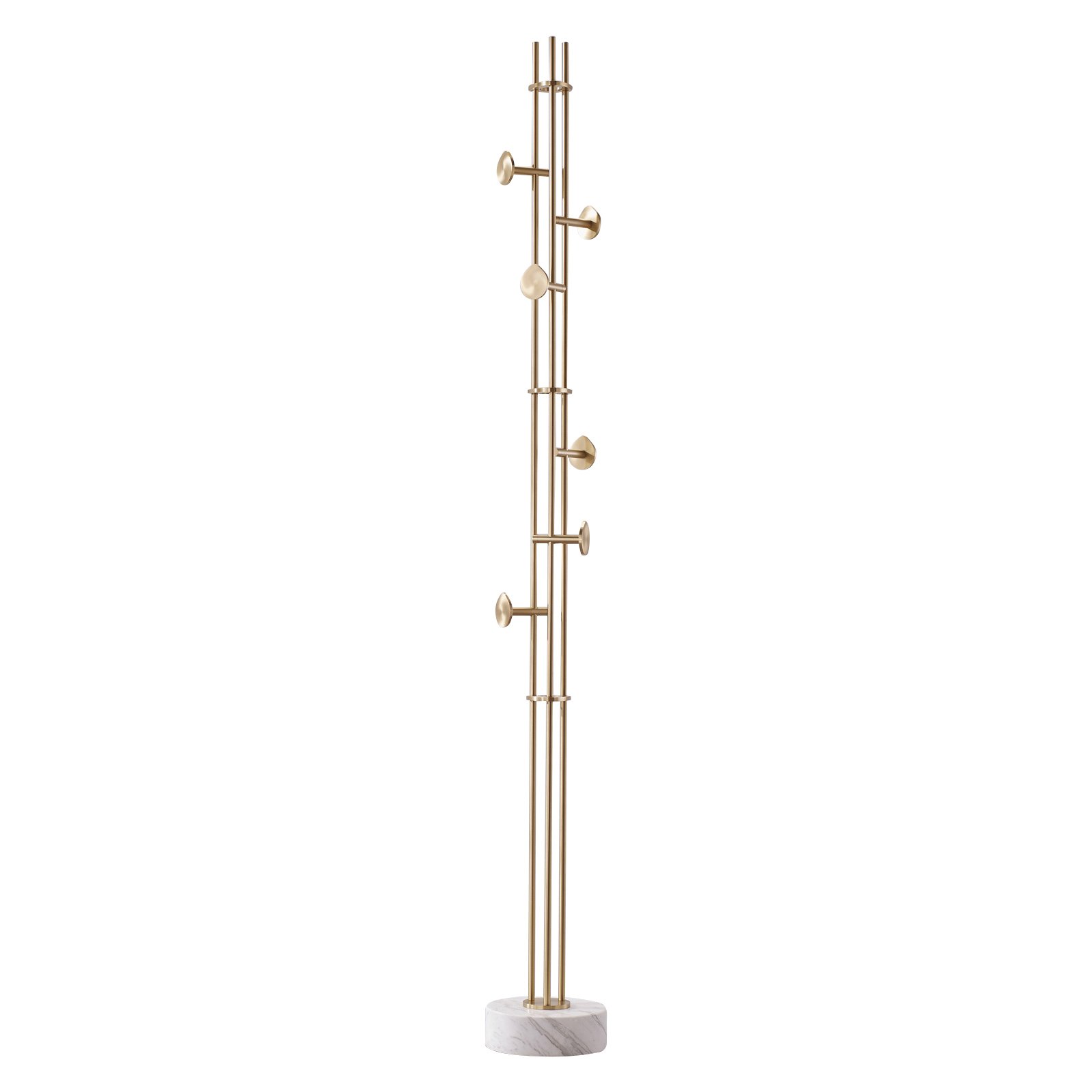 Premium brass coat rack stand with white marble base featuring 6 adjustable hooks in modern entryway