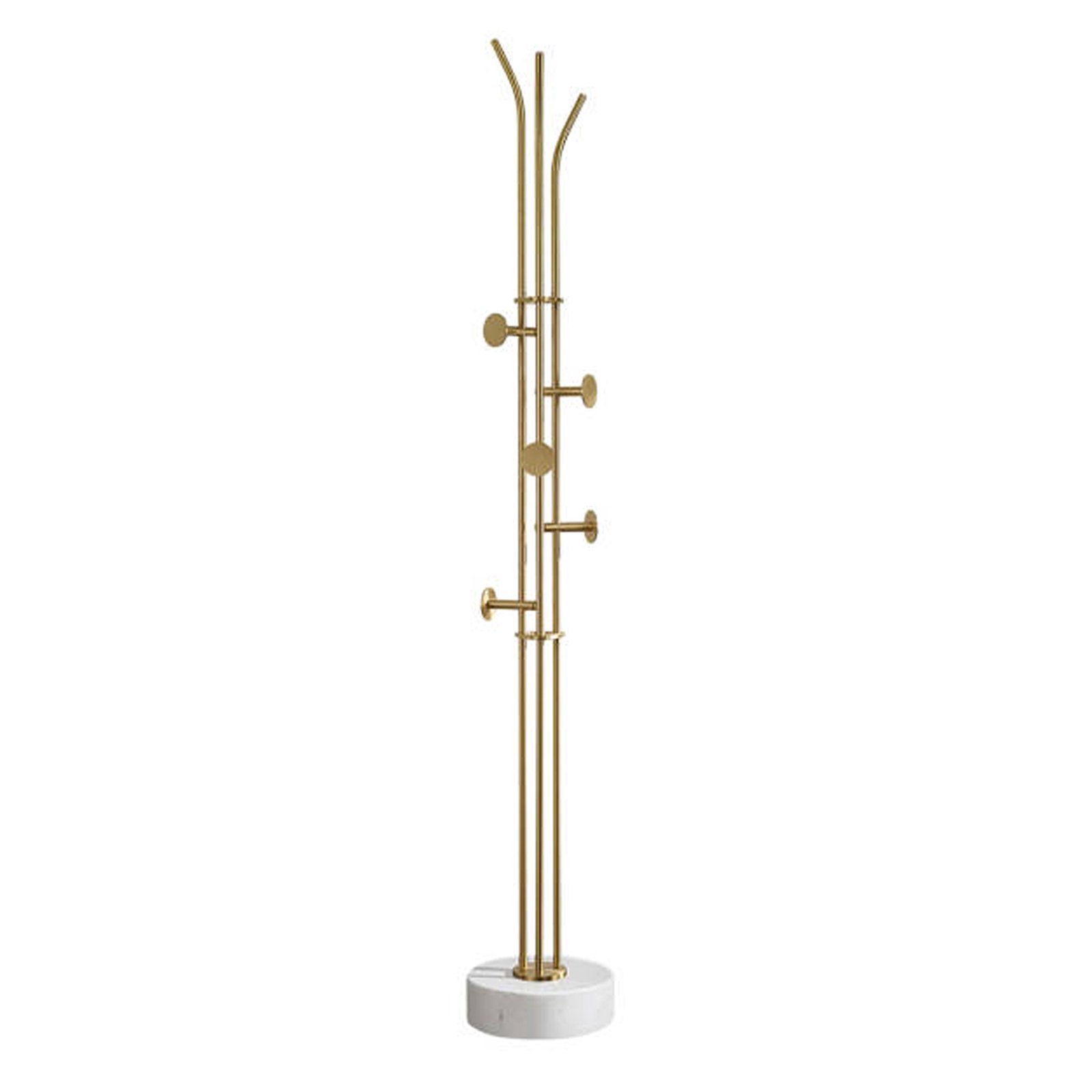 Contemporary gold coat stand with brushed brass tubes and white marble base