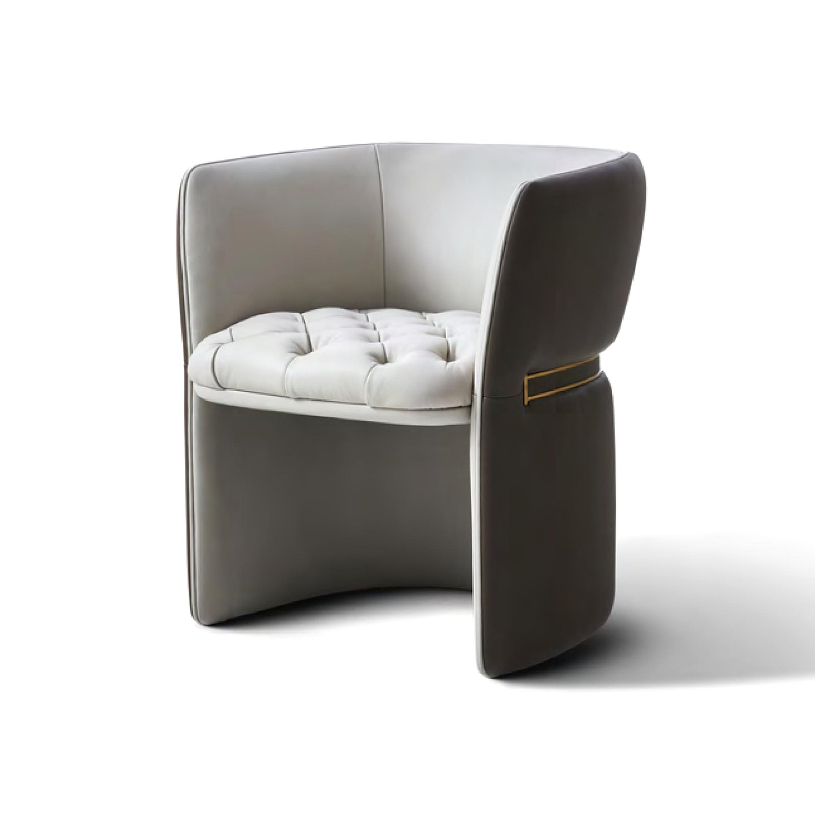 side view of a lLuxury Italian leather dining chair with curved frame and padded seat