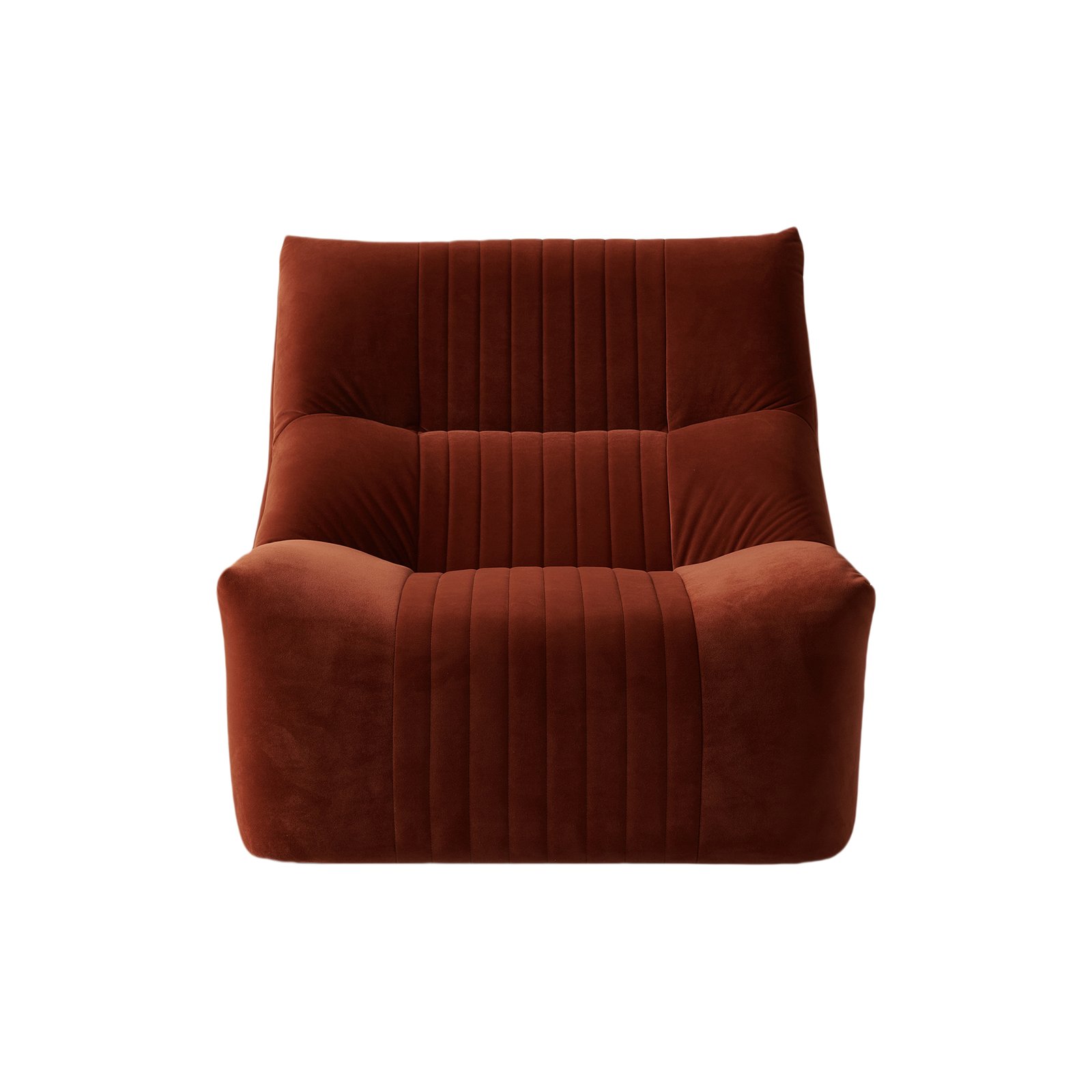 front view of Aralia chair with sculptural curved back and low-profile seat in velvet fabric