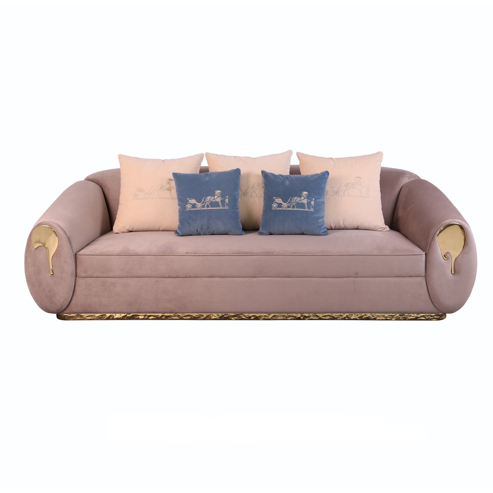 SOLEIL Sofa – Curved Modern Sofa with Brass Accents_111 SOLEIL Sofa with gold sculpted base and curved velvet upholstered body