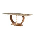 Brass and marble dining table with natural marble top, semi-circle leather base, and brushed brass accents – Kalyste