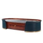 High end coffee table with rosewood, marble, brass, and crocodile embossed leather – Kalyste