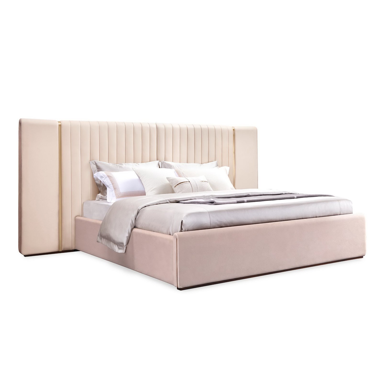 Luxury Bed Calvesso Bed_KB8580 Luxury Premium leather bed with tall vertical headboard and brass accents – Kalyste