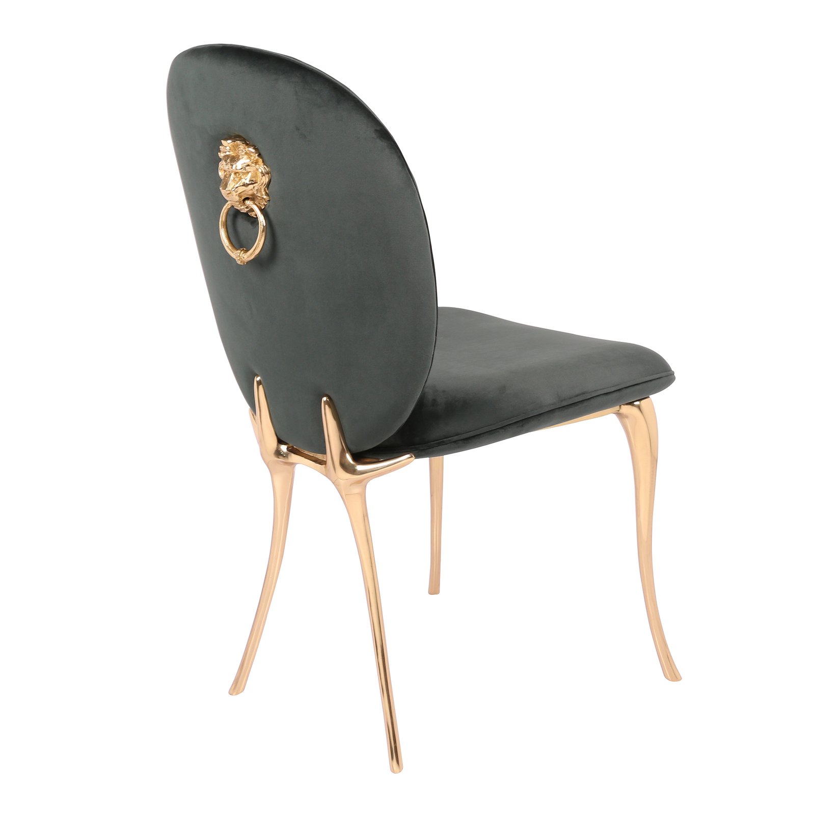 Soleil dining chair with lion head ring, brass legs, and velvet upholstery