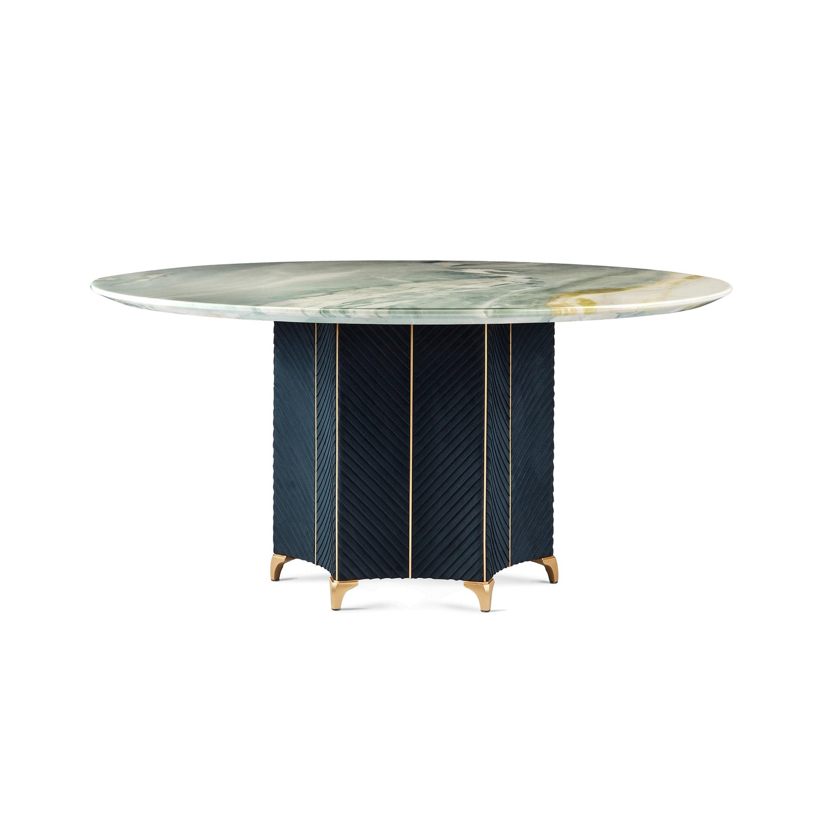 luxury dining table_KDT7460 Luxury dining table with marble top, curved gray-blue base, and brushed brass legs – Kalyste