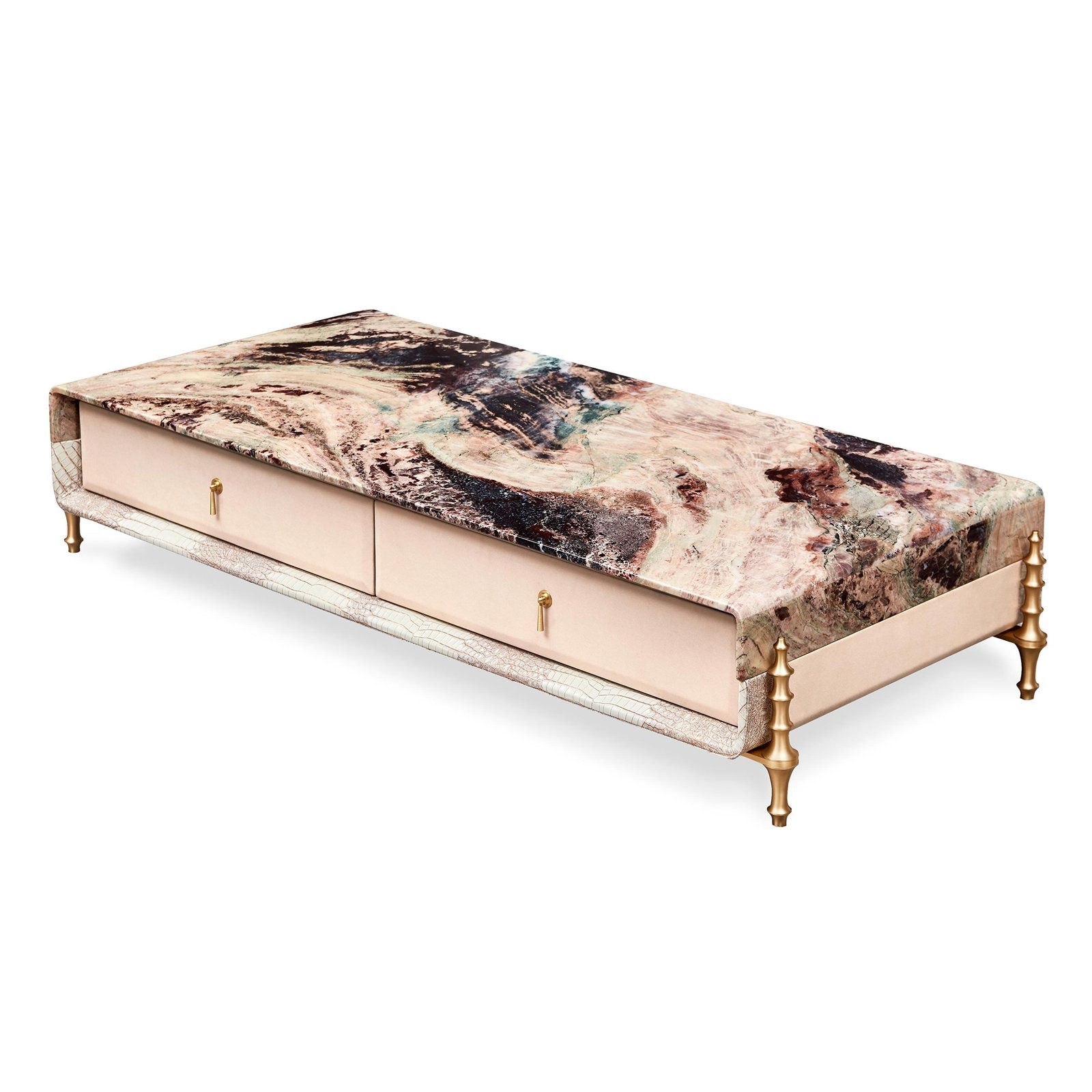 Upscale coffee table in marble, brass, and crocodile embossed leather – Kalyste
