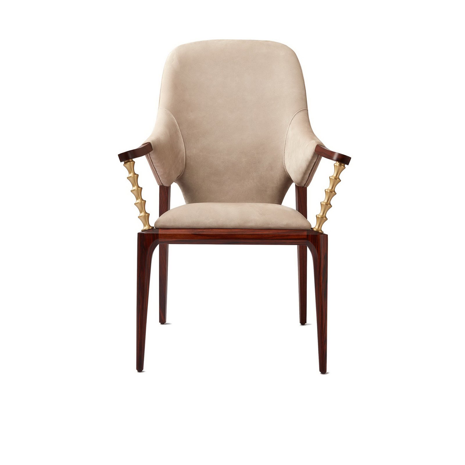 Exclusive dining room chair_KC2188_1 Luxury beige nubuck leather dining chair with brass hourglass arm supports front view