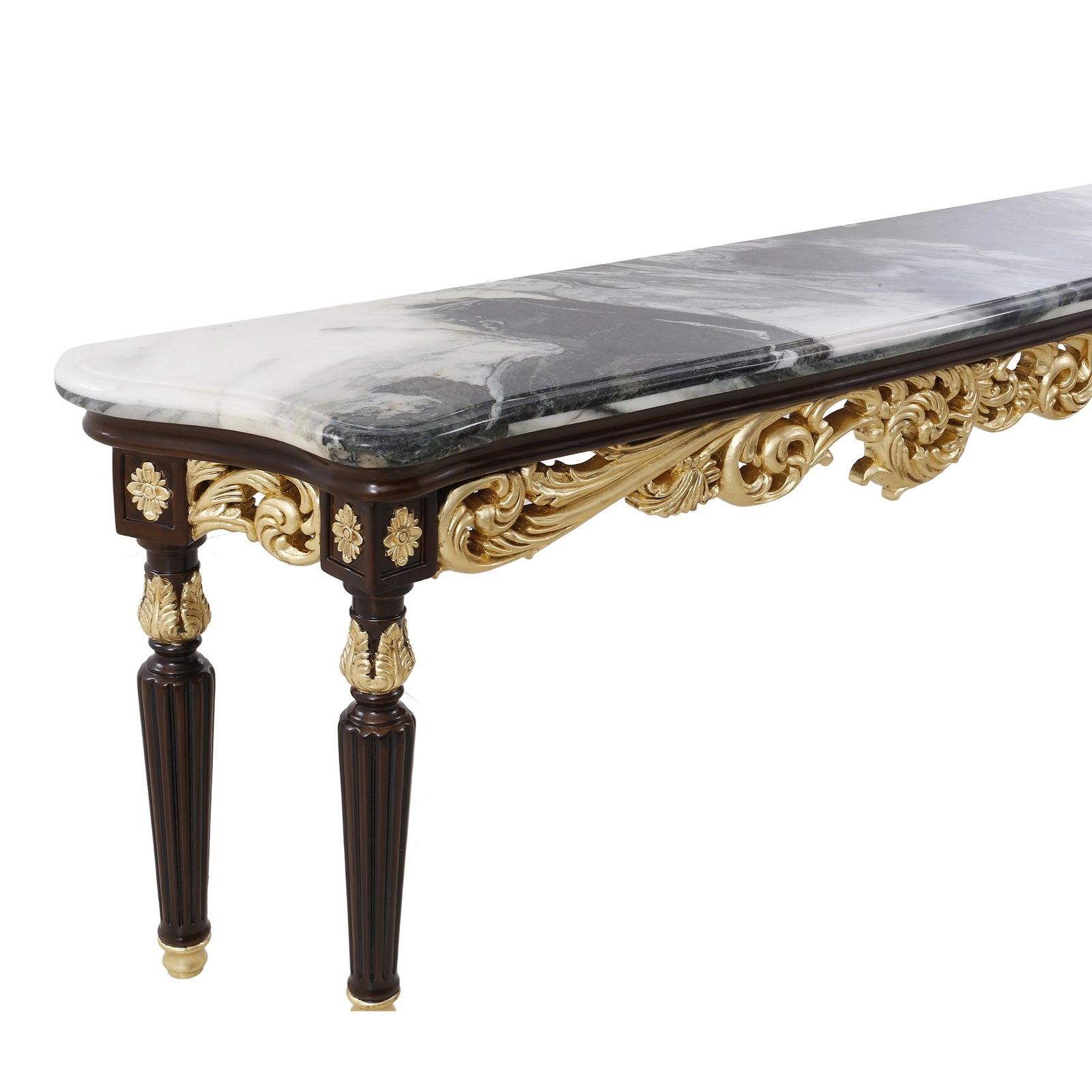 Side vew of A Hand Painted European Classical Console Table with sculptured detail and marble countertop