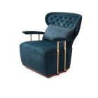 Leather lounge chair with teal nubuck leather and brass sculpture supports