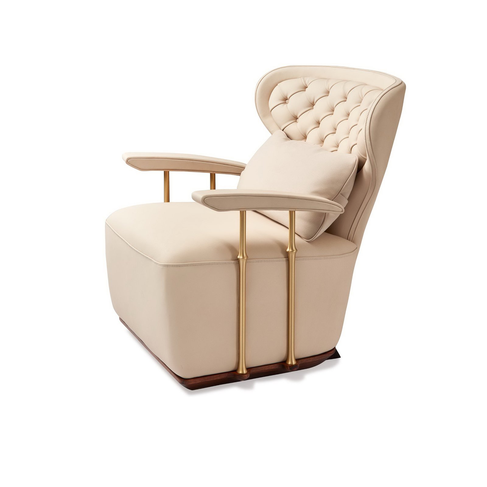 Leather lounge chair with beige nubuck leather and brass sculpture supports