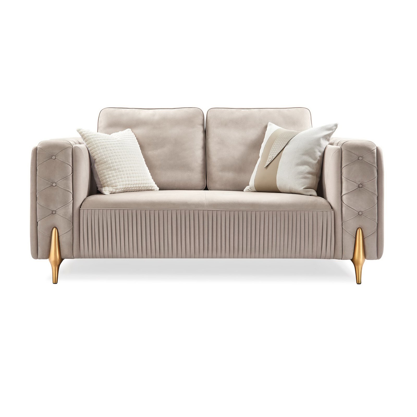Designer sofa with fold-wrinkle front detail and tufted armrests