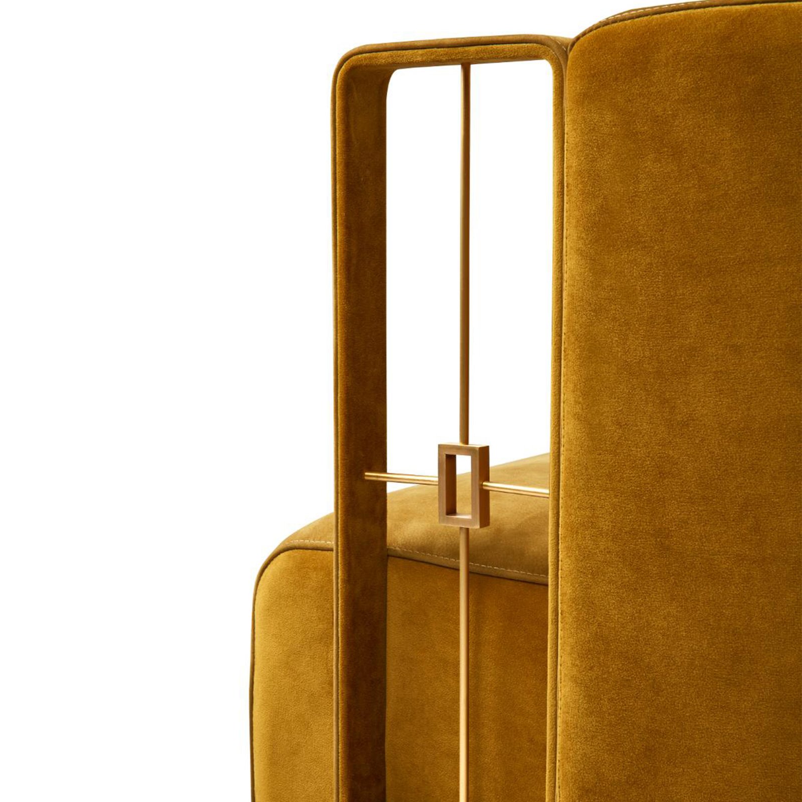 Nubuck leather accent chair with geometric brass armrest detail
