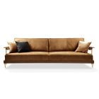 Luxury cognac nubuck leather sofa with brushed brass legs front view on white background