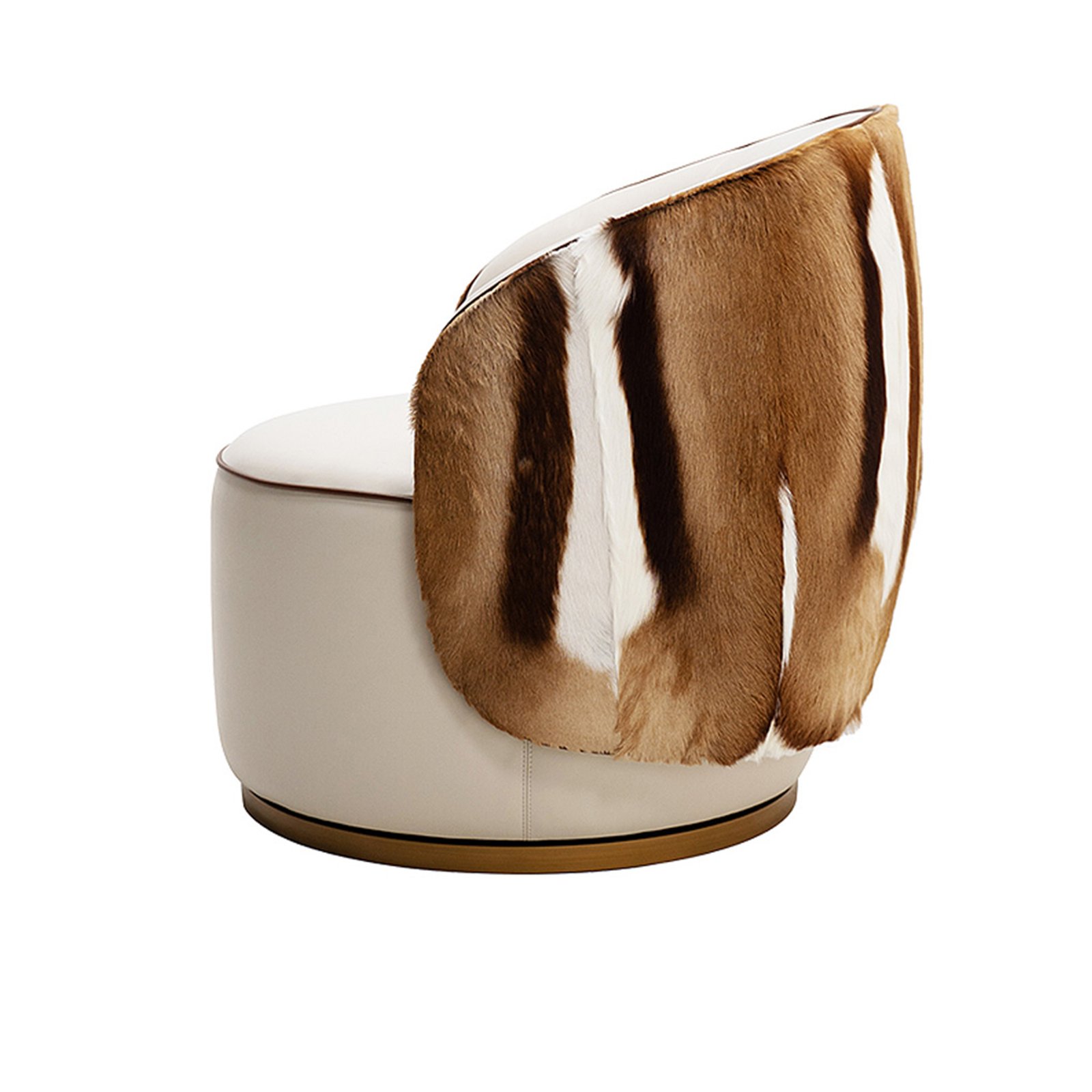 Annabelle Chair with circular design, premium fur backrest, and fine fabric upholstery