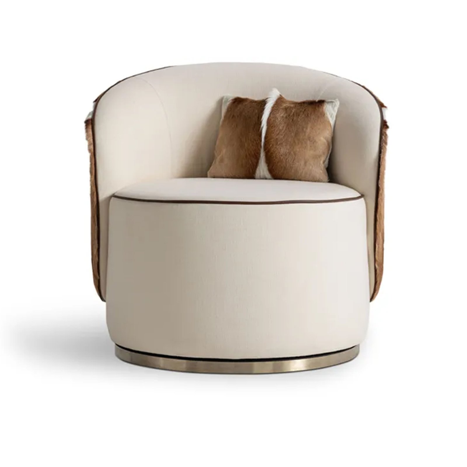 Annabelle Chair front view Annabelle Chair with circular design, premium fur backrest, and fine fabric upholstery