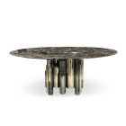Antigua Dining Table by Roberto Cavalli with sculptural metallic base and marble top in luxury Italian design.
