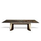 Kerwan Rectangular Marble Dining Table with polished stone top and geometric base in modern interior.
