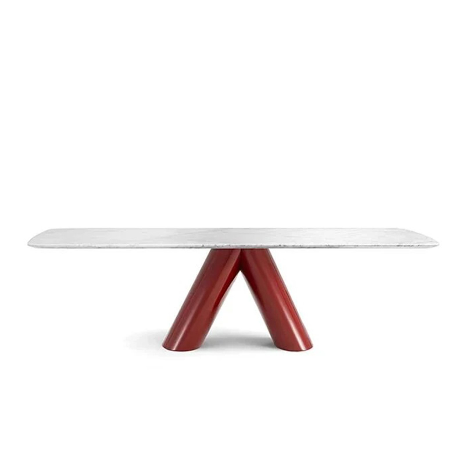 Viva Dining Table_1 Viva Dining Table with red V-shaped pedestal and white marble top in modern minimalist style.