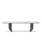 Wedge Dining Table with natural marble top and sculptural metal legs in modern floating design.